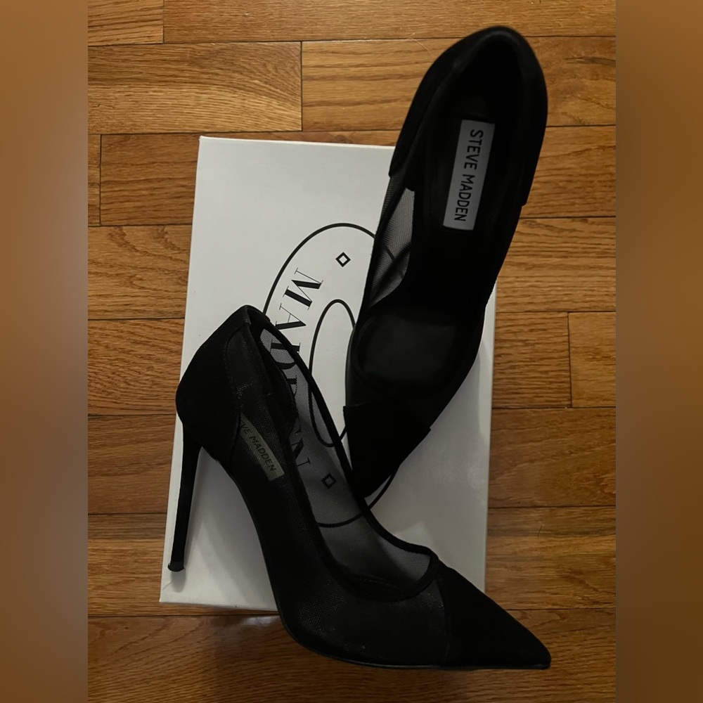 Steve Madden Mesha black mesh and suede stiletto heel.
